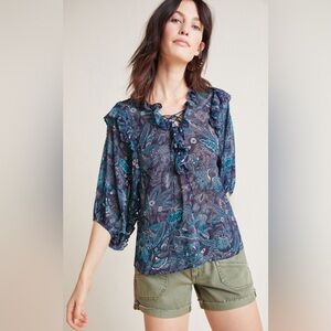 Anthropologie Haida Floral Peasant Top‎ floral sheer blouse size XXL